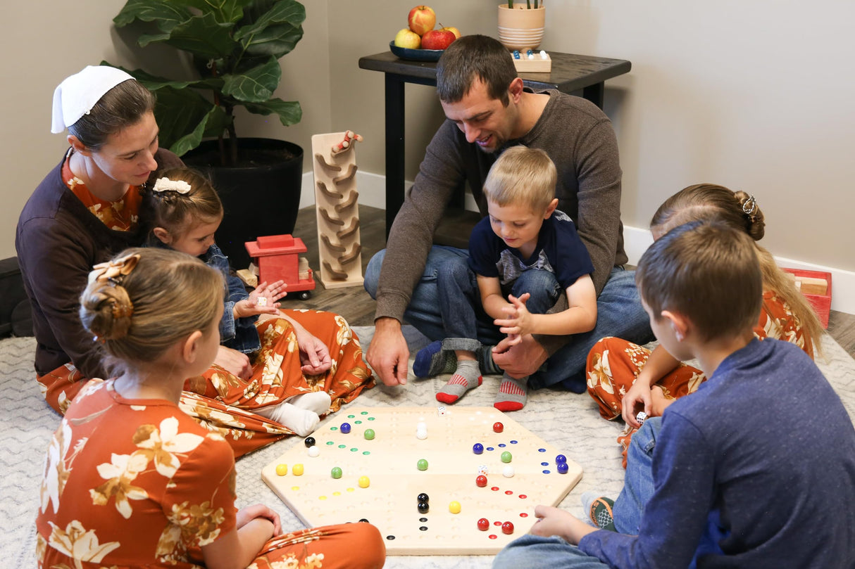 AmishToyBox.com Wahoo Wooden Marble Game Board Set - Large 24" Wide - Solid Oak Wood - Double-Sided - with Large 22mm Marbles and Dice Included AmishToyBox.com