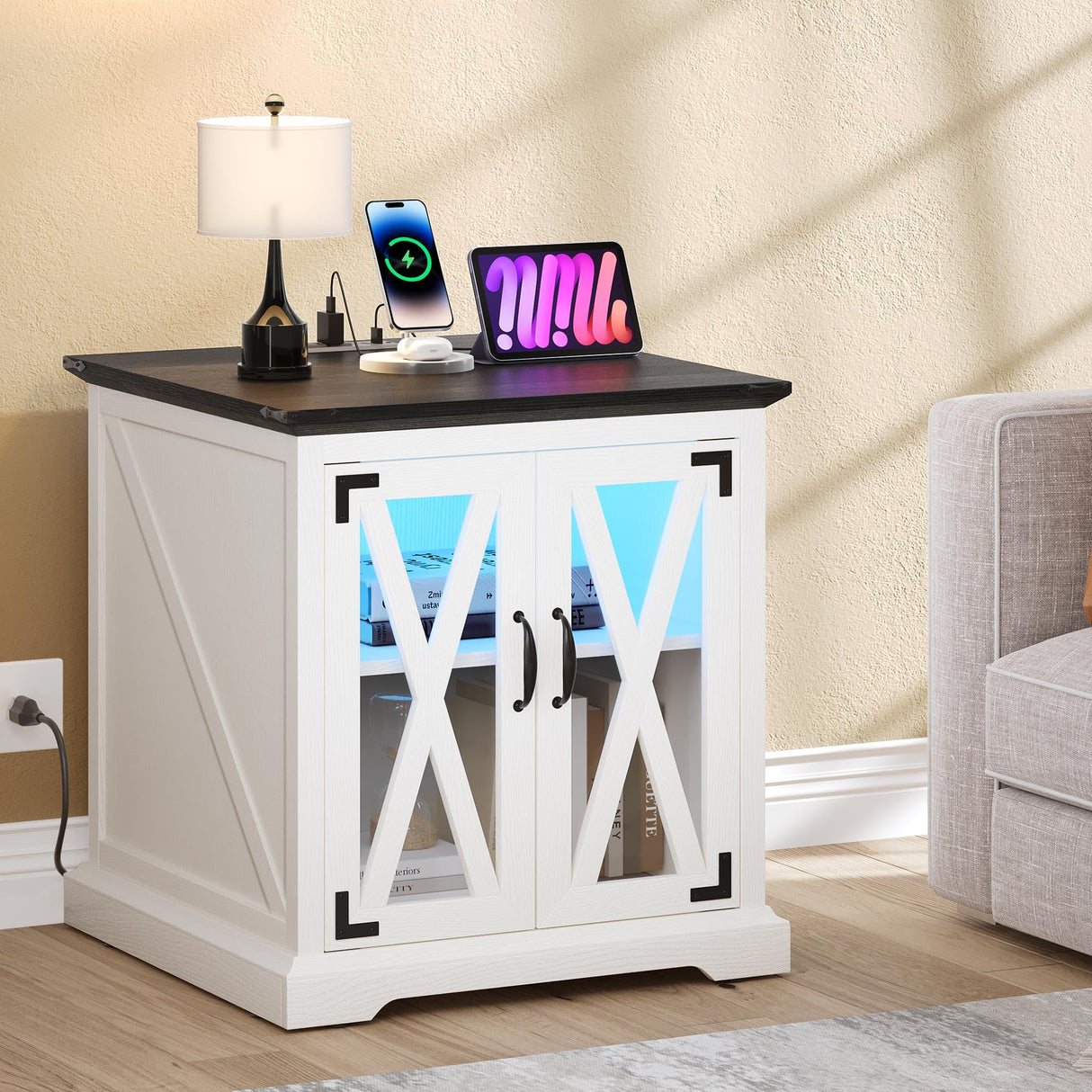 DWVO Farmhouse End Table, Sofa Side Coffee Table with Charging Station and LED Lights, Nightstand with Adjustable Storage Shelf, Bedside Table for Living Room, Bedroom, White DWVO