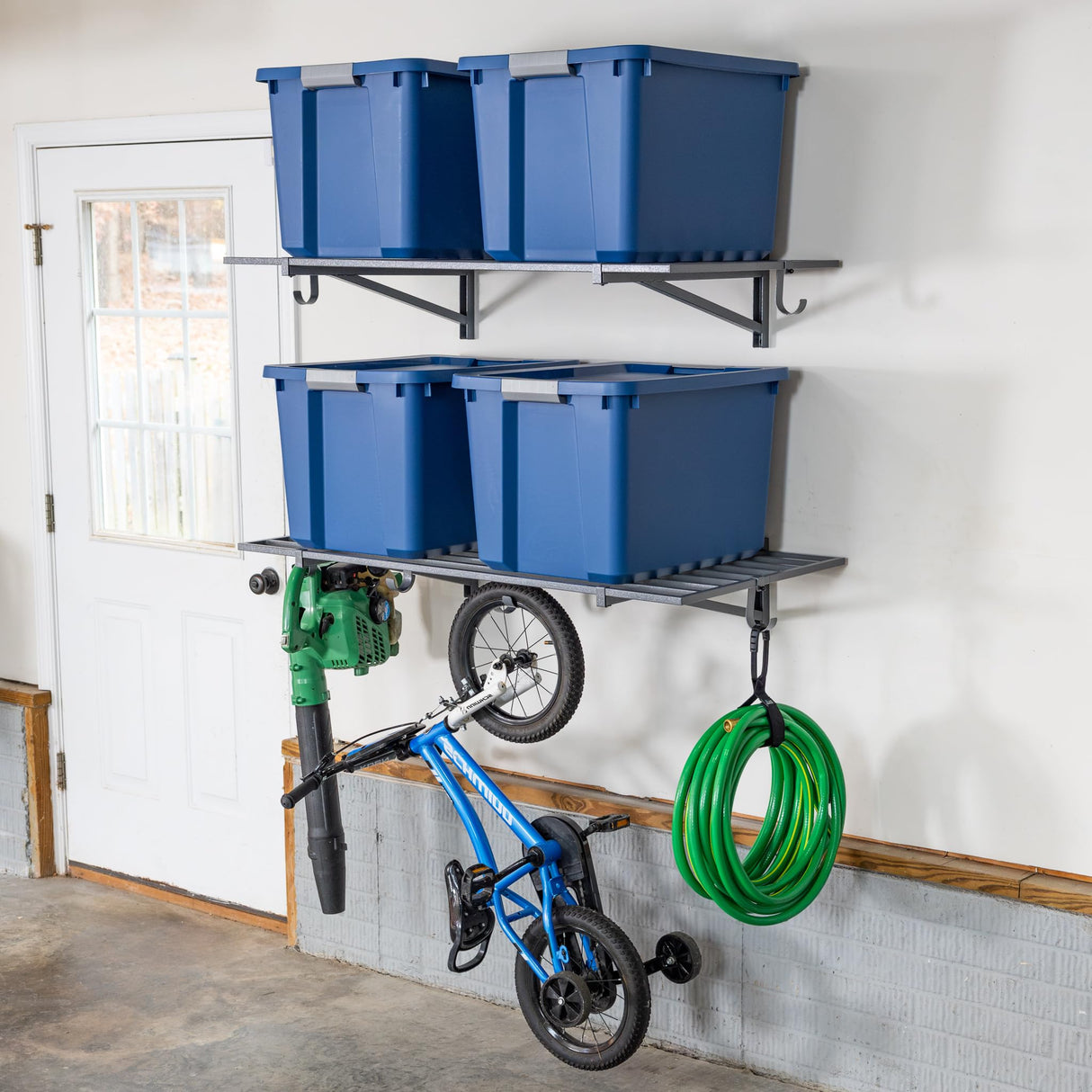 StoreYourBoard 2 Pack Heavy Duty Garage Wall Shelves, 2' x 4' Wall Mount Storage Shelf with Hooks, Hammered Gray Finish, Holds 200 lbs Each StoreYourBoard