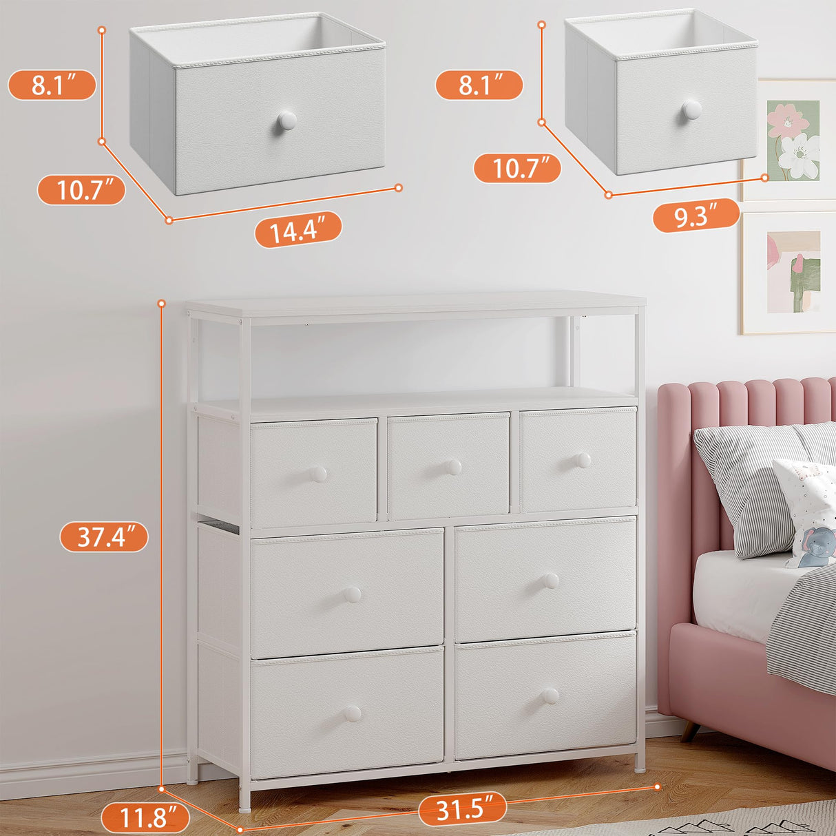 EnHomee White Dresser for Girls Bedroom with 7 Drawers and 2 Shelves, Girls Dresser with Wooden Top and Metal Frame, Cute Dressers & Chest of Drawers for Bedroom, Closets,Nursery,White EnHomee