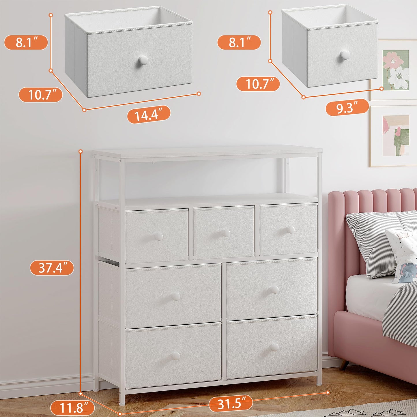 EnHomee White Dresser for Girls Bedroom with 7 Drawers and 2 Shelves, Girls Dresser with Wooden Top and Metal Frame, Cute Dressers & Chest of Drawers for Bedroom, Closets,Nursery,White