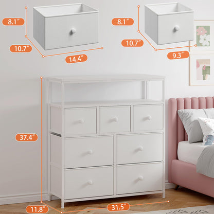 EnHomee White Dresser for Girls Bedroom with 7 Drawers and 2 Shelves, Girls Dresser with Wooden Top and Metal Frame, Cute Dressers & Chest of Drawers for Bedroom, Closets,Nursery,White