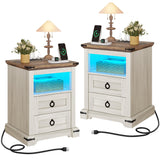 YITAHOME Farmhouse Nightstand with Charging Station, 2 Drawers Night Stand for Bedroom, LED End Table Side Table w/Open Shelf, Set of 2, Off White+Walnut Grain YITAHOME