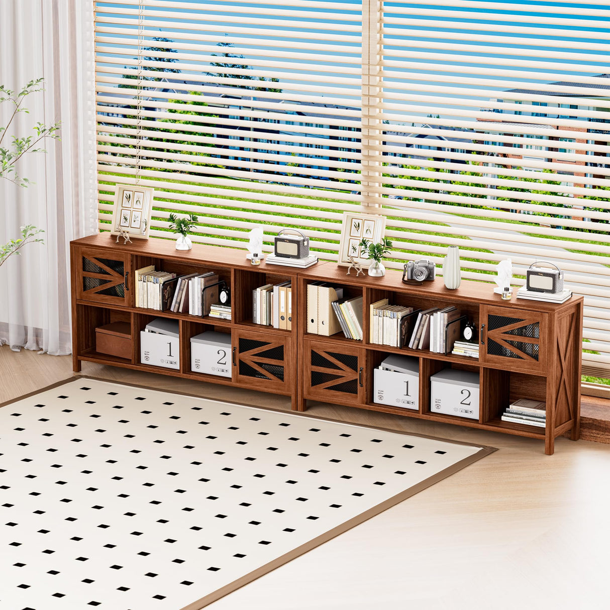 DUDUSHIMAN 8 Cube Storage Organizer Bookshelf with 2 Doors, 2-Tier Mid Century Modern Bookcase, 63" Long Horizontal Cubby Shelf, Wood Bookcase for Small Spaces Living Room DUDUSHIMAN