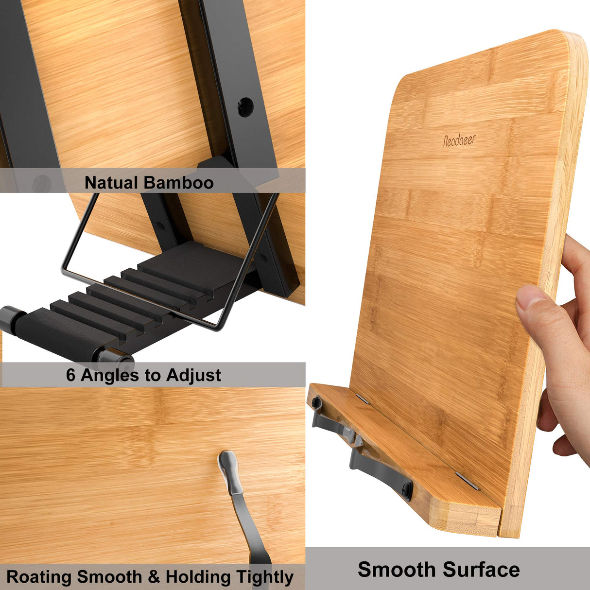 Readaeer Bamboo Book Stand, Large Book Holder with 6 Adjustable Height, Foldable Cookbook Stand Desktop Document Holder for Kitchen & Office (13.4 x 9.3 Inch) READAEER