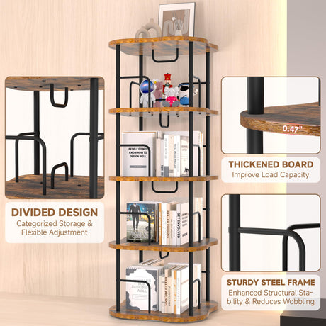 TEROL 4-Tier Rotating Book Shelf, 360° Display Spinning Bookshelf Tower, Book Organizer, Floor Standing Bookcases for Small Space, Corner Book Shelf for Bedroom, Living Room, Study Room (RUSTIC BROWN) TEROL