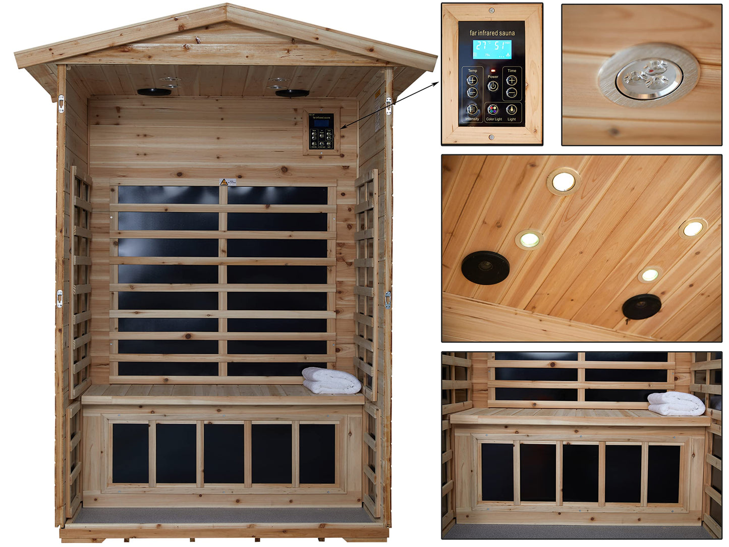 LTCCDSS Outdoor Infrared Sauna 2 Person | Far Infrared Sauna, Canadian Hemlock, Withstand Outdoor Temp -5℉-104℉| Low EMF Sauna Room for Home-9 Low EMF Heaters-Chromotherapys-Bluetooth Speakers