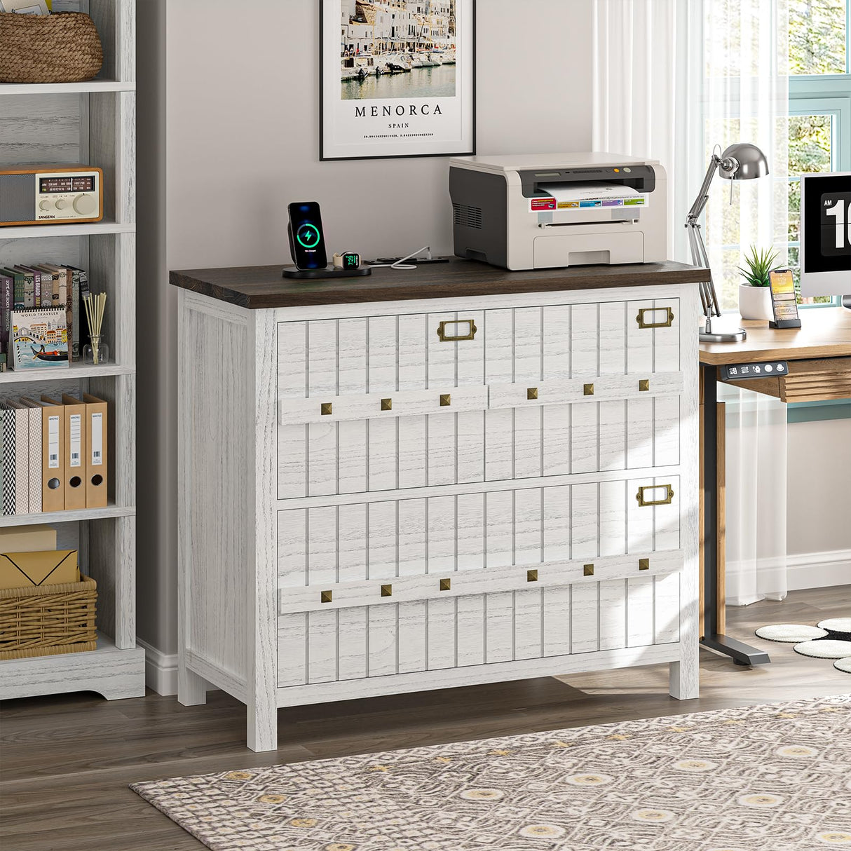 TVU Farmhouse 3 Drawer File Cabinet with Charging Station, Solid Lateral Filing Cabinet for Home Office, Office Organizer for Legal/Letter/A4/Folders File - Beside Desk Printer Stand TVU