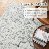 Jainmy Distressed Farmhouse 5x7 Area Rugs for Living Room Bedroom Non Slip Washable, Medallion Pattern Printed Low Pile Thin Carpet Rugs for Dining Room/Kitchen/Home Office, Off White/Grey Jainmy