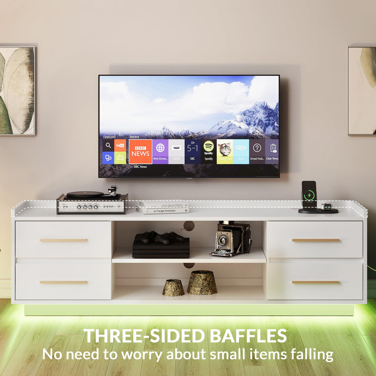 BELLEZE 66" TV Stand for TVs Up to 75", LED Light Entertainment Center with Power Outlet, 4 Drawers and 2-Tier Open Shelves TV Cabinet, TV Console for Living Room, Bedroom - Corrigan (White) BELLEZE