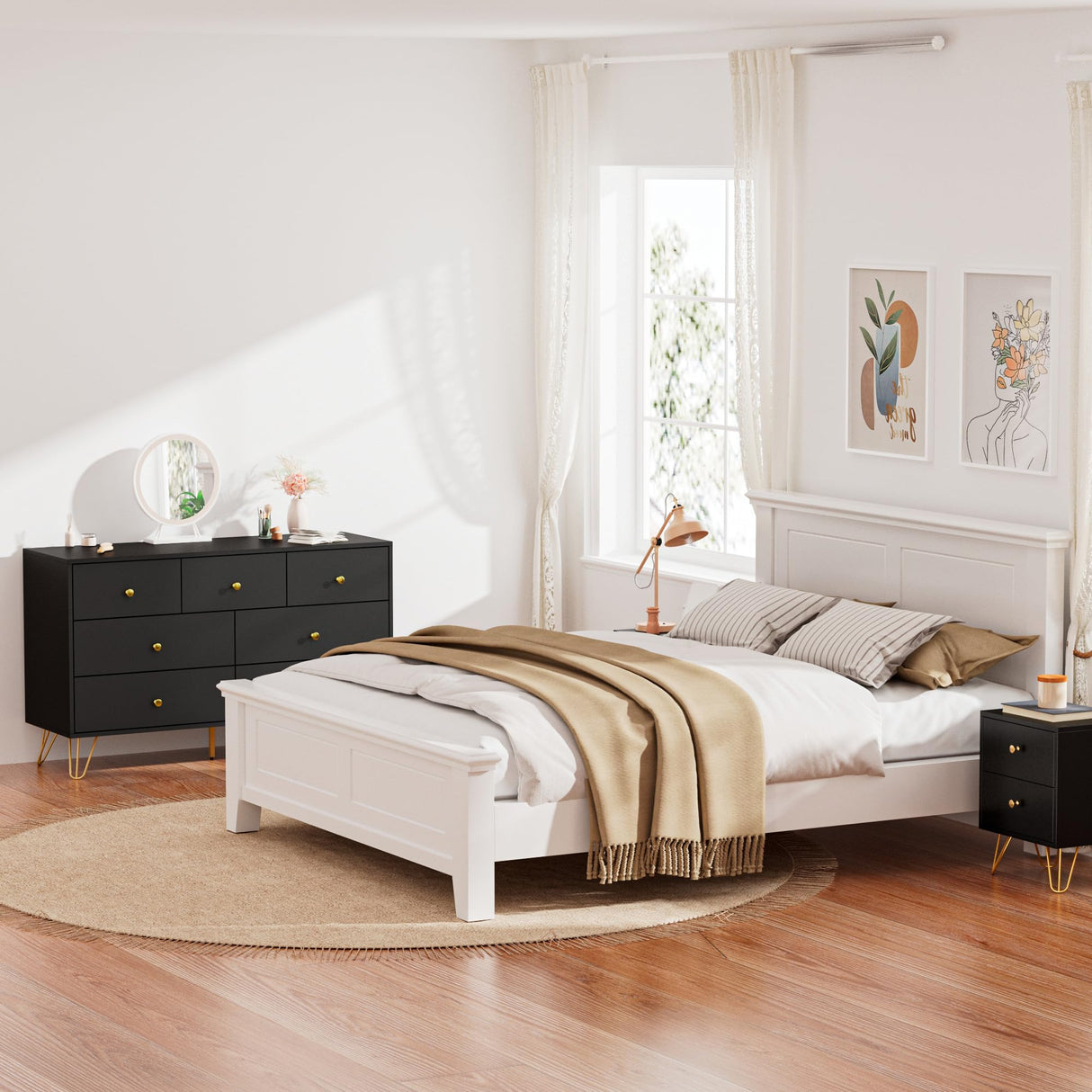 Tradare 7 Drawer Dresser and Nightstand Set of 2, Modern Black and Gold Dresser Set with Golden Handles, 2-Drawer Nightstand & 7-Drawer Chest of Drawers Tradare