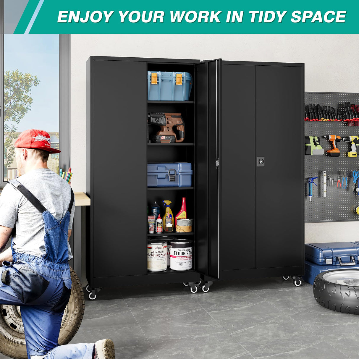 SISESOL Metal Storage Cabinet with Wheels,Rolling Garage Storage Cabinet with Lock,Black Metal Cabinet with Wheels and Shelves,Tool Cabinet,Tall Storage Cabinet on Wheels for Garage,Home,Office,Shop SISESOL