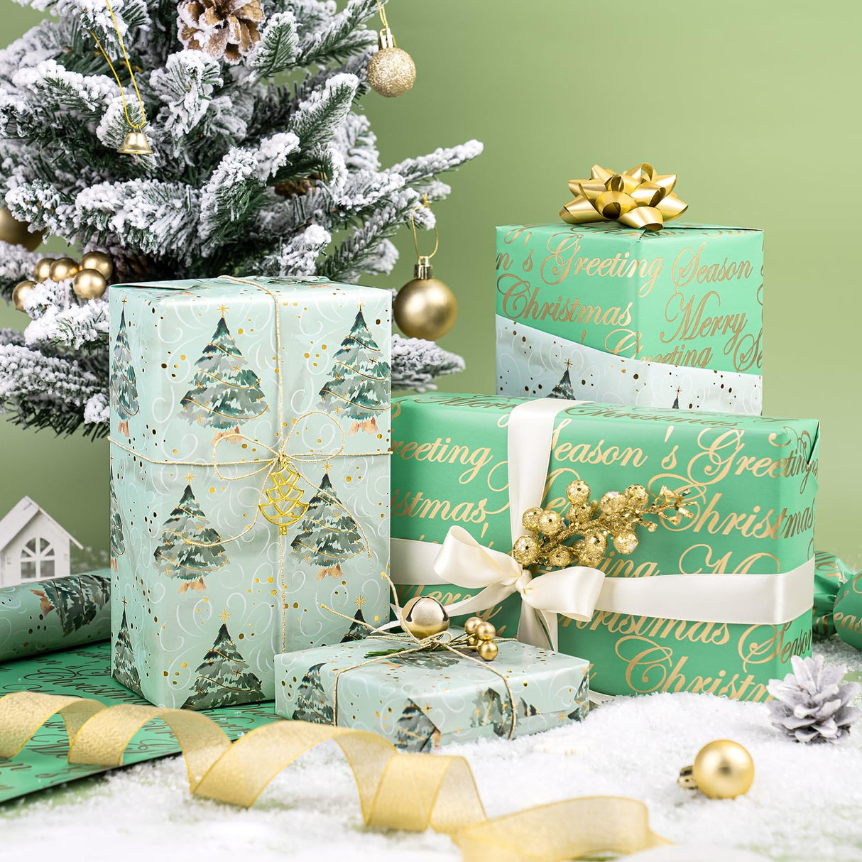 WRAPAHOLIC Reversible Green Christmas Wrapping Paper - Mini Roll - 17 Inch x 33 Feet - Watercolor Green Christmas Tree Wrapping Paper with Metallic Foil Shine for Holiday, Party, Celebration WRAPAHOLIC