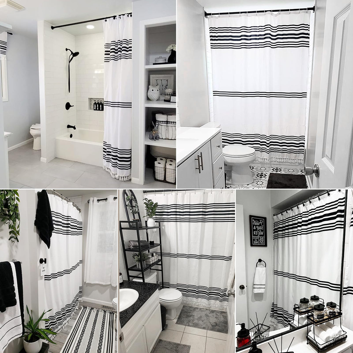 Seasonwood Black and White Shower Curtain with Tassels,Farmhouse Fabric for Bathroom,Heavy Weighted, 72 x 72 Seasonwood