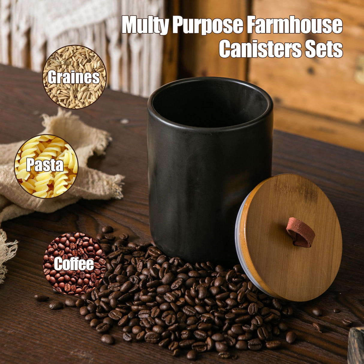 JOJUNO Black Ceramic Canister Set with Wooden Lid, 3-Piece Airtight Food Storage Jars for Kitchen Counter - Flour, Sugar, Coffee, Tea, Spice - Small, Medium, Large Sizes JOJUNO