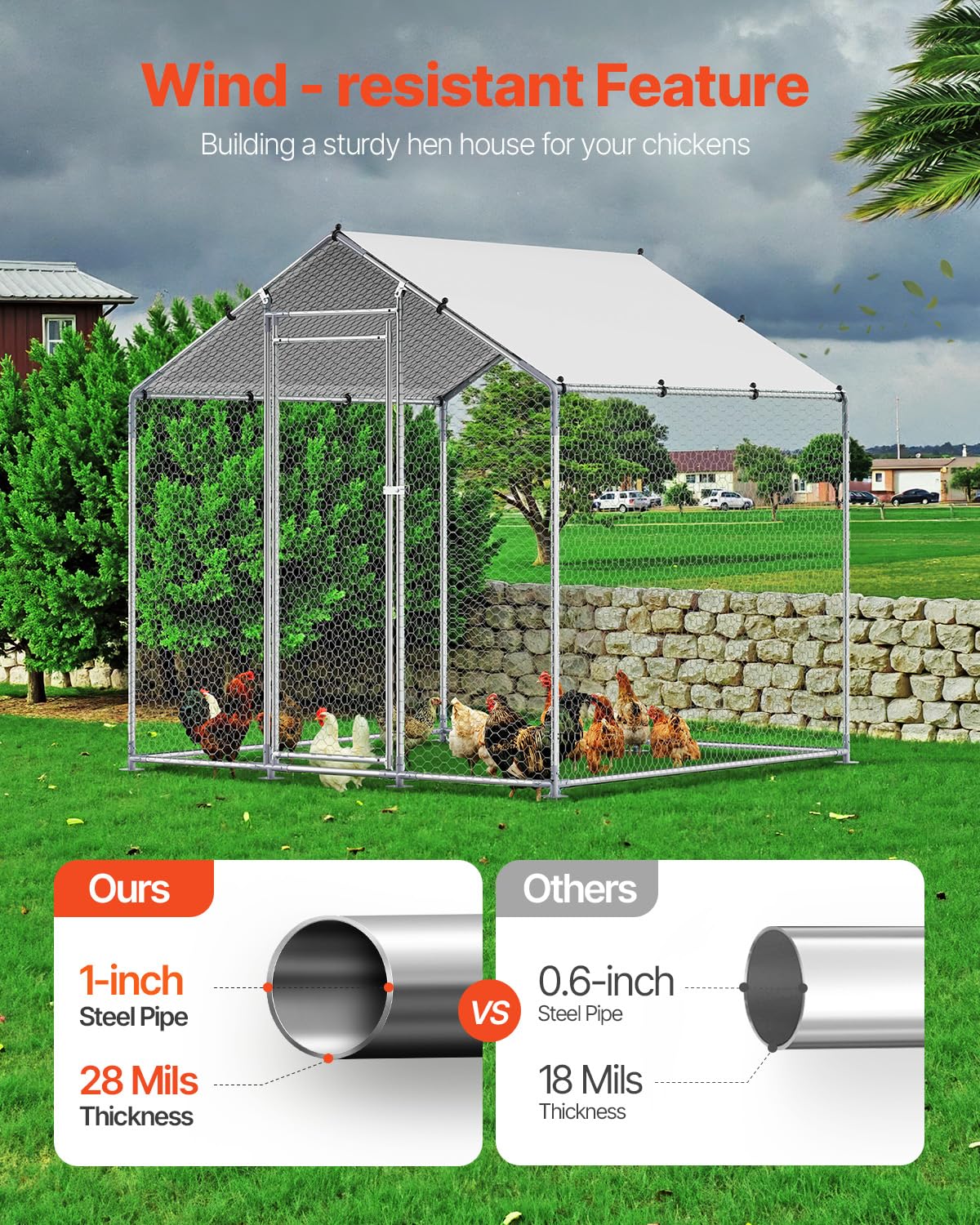 VEVOR Metal Chicken Coop, 6.56x6.56x6.56ft Walk in Chicken Runs for Yards with Cover, Spire Roof Hen House Enclosure with Security Lock, Outdoor Duck Rabbit Poultry Cage Pen for Backyard, Farm, Yard VEVOR