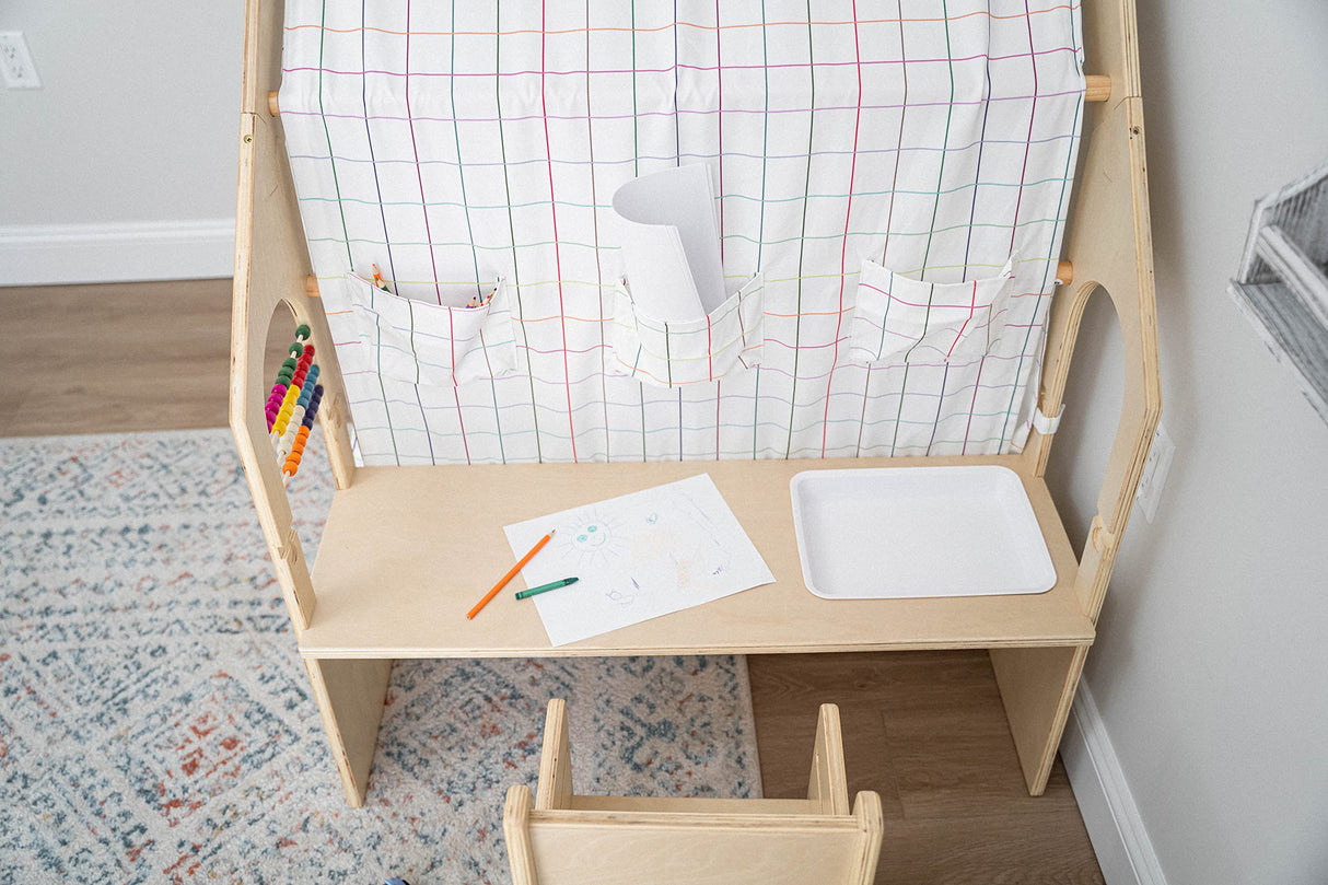 Avenlur Flair Montessori Style Wooden 5 in 1 Indoor Playhouse Play Tent with Desk Table, Chair, Chalkboard, Floor Cushion and Curtain Shades for Babies, Toddlers, Kids (Large, Windowpane) Avenlur