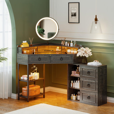 Lvifur Corner Vanity Desk with Mirror and Lights,Brown Corner Makeup Vanity with Charging Station, 3 Color Led Light Settings, 5 Drawers, and Open Shelves for Bedroom, Women, and Girls Lvifur