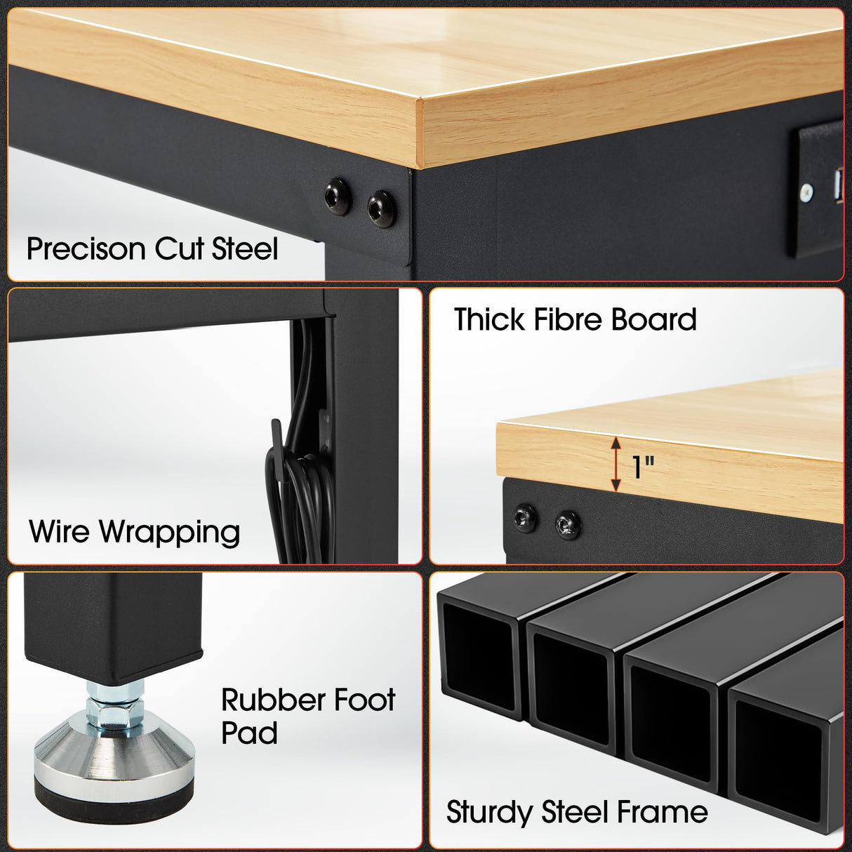 Adjustable Height Wood Workbench, 60" L X 24" W 2000 Lbs Capacity Heavy Duty Work Bench, Smooth Surface Work Table with Power Outlets for Garage, Workshop, Office, Home Antifir