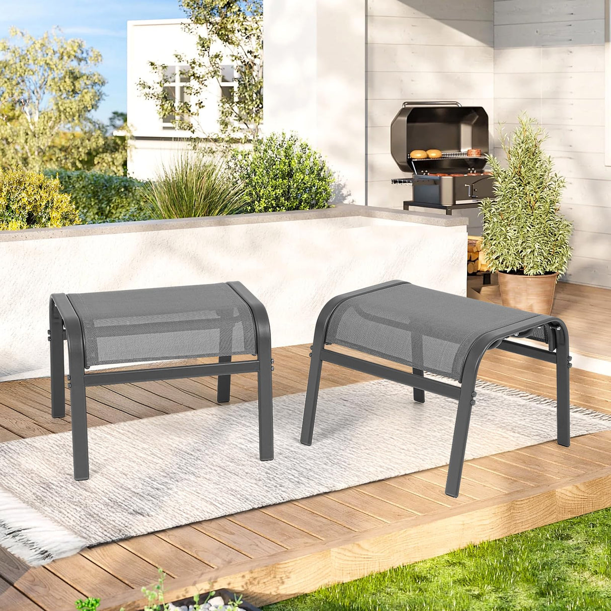 ONBRILL Outdoor Ottoman Set of 2, All Weather Outdoor Foot Stool with Supportive Textliene and Metal Frame, Stackable Oversized Outdoor Foot Rest for Furniture Patio Garden Pool, Grey ONBRILL