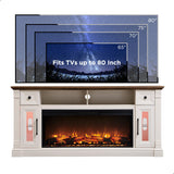 OKD Fireplace TV Stand for 80 Inch TV - Farmhouse Entertainment Center with 42" Electric Fireplace & LED Lights, Wood Media Console with Storage Drawers & Cabinets for Living Room, Antique White OKD
