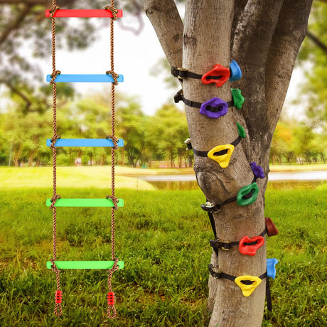 TOPNEW 12 Ninja Tree Climbing Holds for Tree Climber, Tree Climbing Kit with 6.6FT Rope Ladder for Outdoor Ninja Warrior Obstacle Course Training TOPNEW