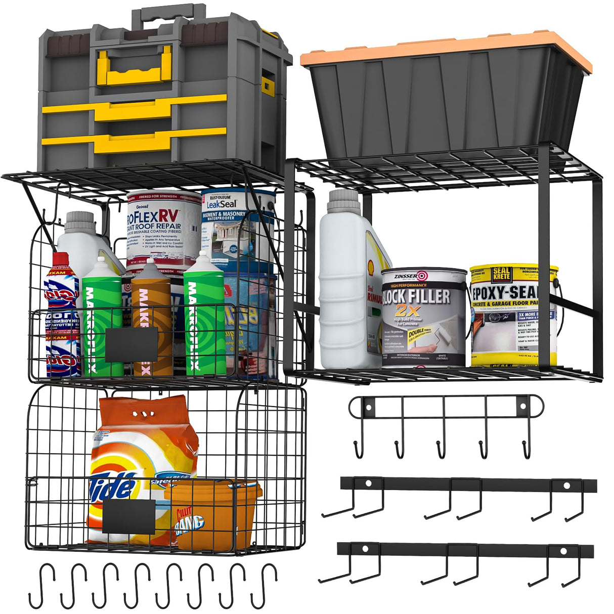 ALIESTFDNO Garage Shelves Wall Mount with Wire baskets, 8-IN-1 Heavy Duty Garage Wall Shelving with Garden Tool Rack 2pack & 6pcs Hooks, Wire Shelf Baskets Tool Shelves for Home Garage Garden Storage ALIESTFDNO