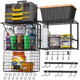 ALIESTFDNO Garage Shelves Wall Mount with Wire baskets, 8-IN-1 Heavy Duty Garage Wall Shelving with Garden Tool Rack 2pack & 6pcs Hooks, Wire Shelf Baskets Tool Shelves for Home Garage Garden Storage ALIESTFDNO