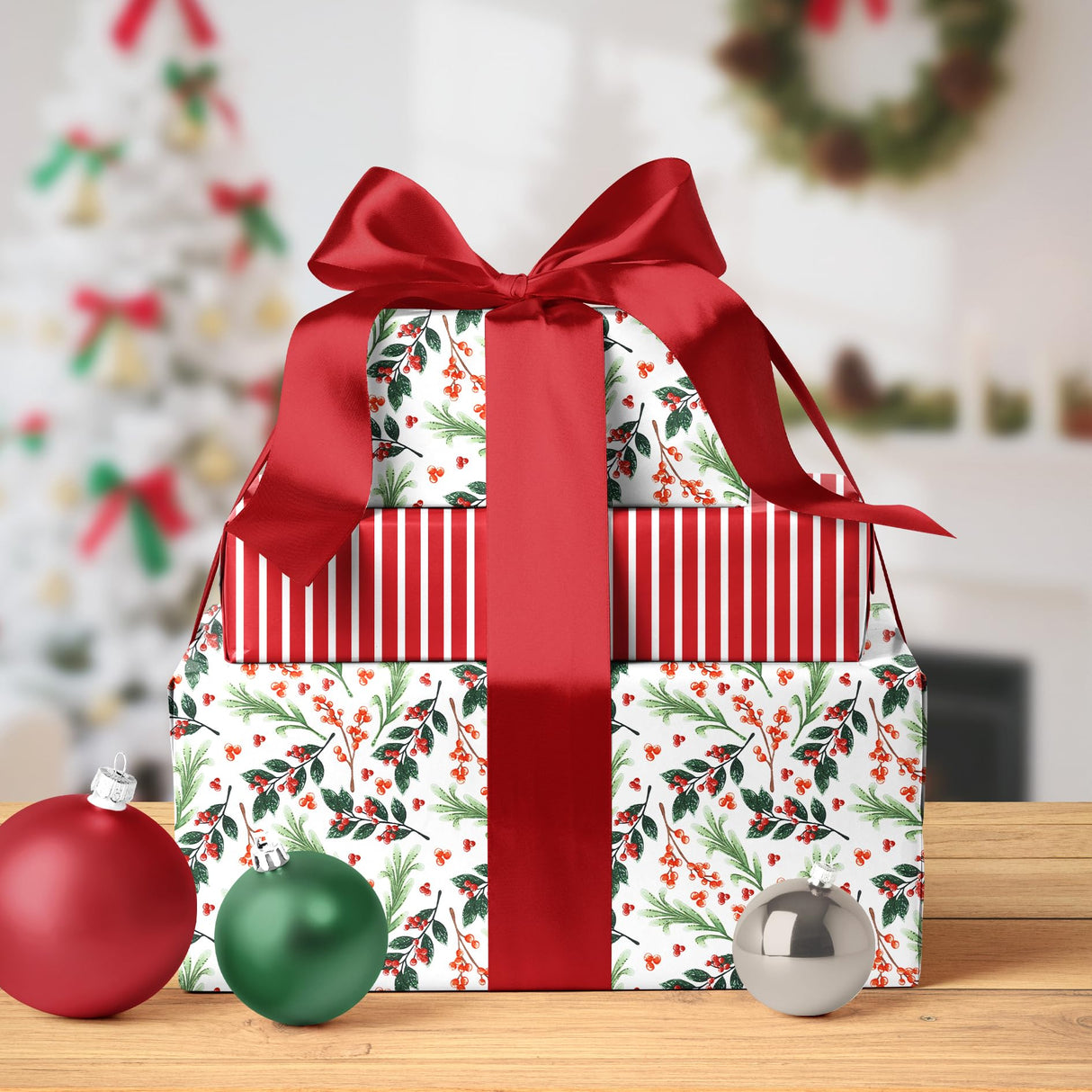LaRibbons Reversible Christmas Wrapping Paper Roll, Vintage Red Berries & Red Stripe Gift Wrap for Christmas, Season Party, Xmas, 17 Inch x 33 Feet LaRibbons