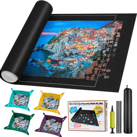 Jigsaw Puzzle Mat Roll Up - Portable Puzzles Saver Pad Up to 1500 Pieces, Full Accessories Puzzle Keeper with 4 Sorting Trays, Storage Bag, Easy Transport & Storage Puzzles Board Soekely
