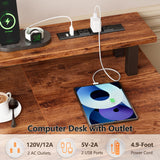 Furologee 61 Inch Desk with 4 Drawers, Computer Desk with Power Outlets and LED Lights, Office Desk with Long Monitor Stand, Large Gaming Desk with Shelf for Home Office/Bedroom/Brown Furologee