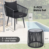 Kromax 3 Pieces Patio Rattan Bistro Conversation Set, Outdoor All-Weather Wicker Furniture Chairs and Side Table Set Ideal for Balcony, Porch and Backyard, Black Kromax