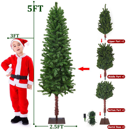 5 Ft Alpine Artificial Christmas Tree with Thick 455 Classic Pine Branch Tips, 120 Warm White Lights, Metal Stand UL Plug Fire-Resistant Slim Xmas Pencil Tree for Holiday Home Indoor Decoration