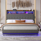 Jocisland 53.1" H Queen Size Bed Frame with Hydraulic Lift Up Storage, RGB LED & Built-in Bookcase Headboard, Velvet Upholstered Wingback Design, No Box Spring Needed, Dark Grey Jocisland