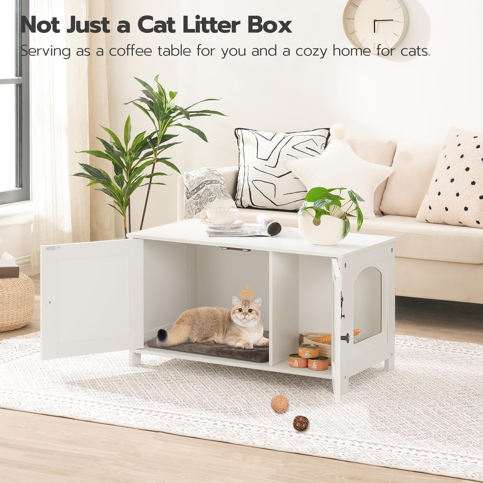 HOOBRO Litter Box Enclosure, Cat Litter Box Furniture with Removable Divider, Large Hidden Litter Box Furniture, Wooden Cat House, End Side Table, 31" L x 17.5" W x 18" H, White WT03MW01G2 - WoodArtSupply