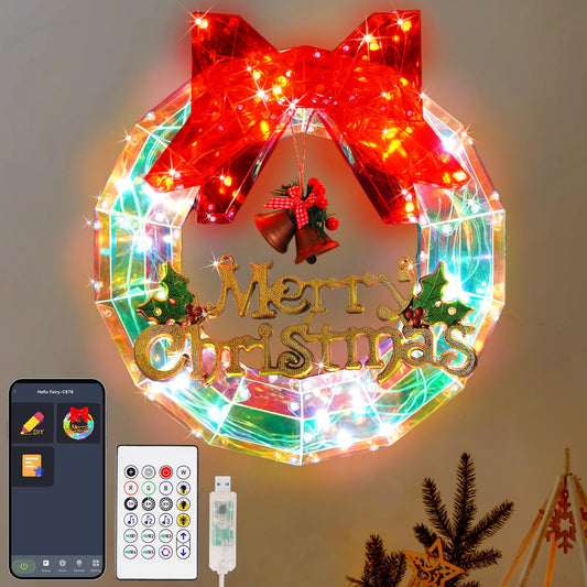 Smart Lighted Christmas Wreaths, 12" APP Remote Control 16 Million Colors, Crystal-Like 3D Polygonal Shell, USB Plug Christmas Decorations with Timer & Music Sync for Xmas Home Window Wall Door Decor