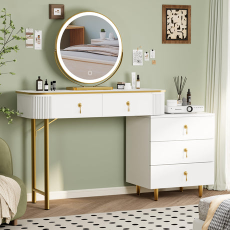 Royal Windsor Makeup Vanity Desk with Mirror and LED Lights, Modern Make Up Vanity Table with 3 Color Touch Screen, Large Vanity with Storage, Dressing Table with 5 Drawers, White Royal Windsor