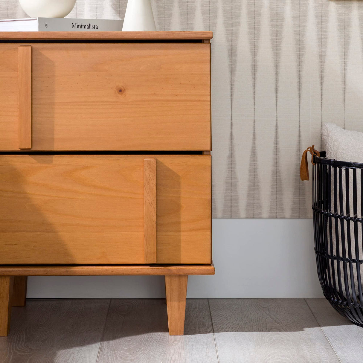 Walker Edison Sprague Contemporary Detailed Drawer Solid Wood Nightstand, 20 Inch, Caramel Walker Edison