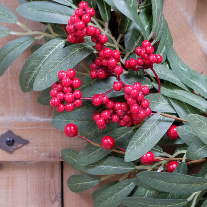 Bibelot Christmas Olive Wreath for Front Door Christmas Red Berry Wreath, Winter Bowknot Leaves Wreath with Red Berry and Jingle Bell Farmhouse Front Door Wreath