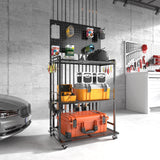 SOYEEZE Large Size Fishing Rod Holders for Garage, 3-Tier Fishing Pole Rack with Pegboard and Hooks, Fishing Gear Tackle Box Organizer Up to 12 Rods, Rolling Fishing Storage Cart with Lockable Wheels SOYEEZE