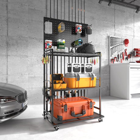 SOYEEZE Large Size Fishing Rod Holders for Garage, 3-Tier Fishing Pole Rack with Pegboard and Hooks, Fishing Gear Tackle Box Organizer Up to 12 Rods, Rolling Fishing Storage Cart with Lockable Wheels SOYEEZE