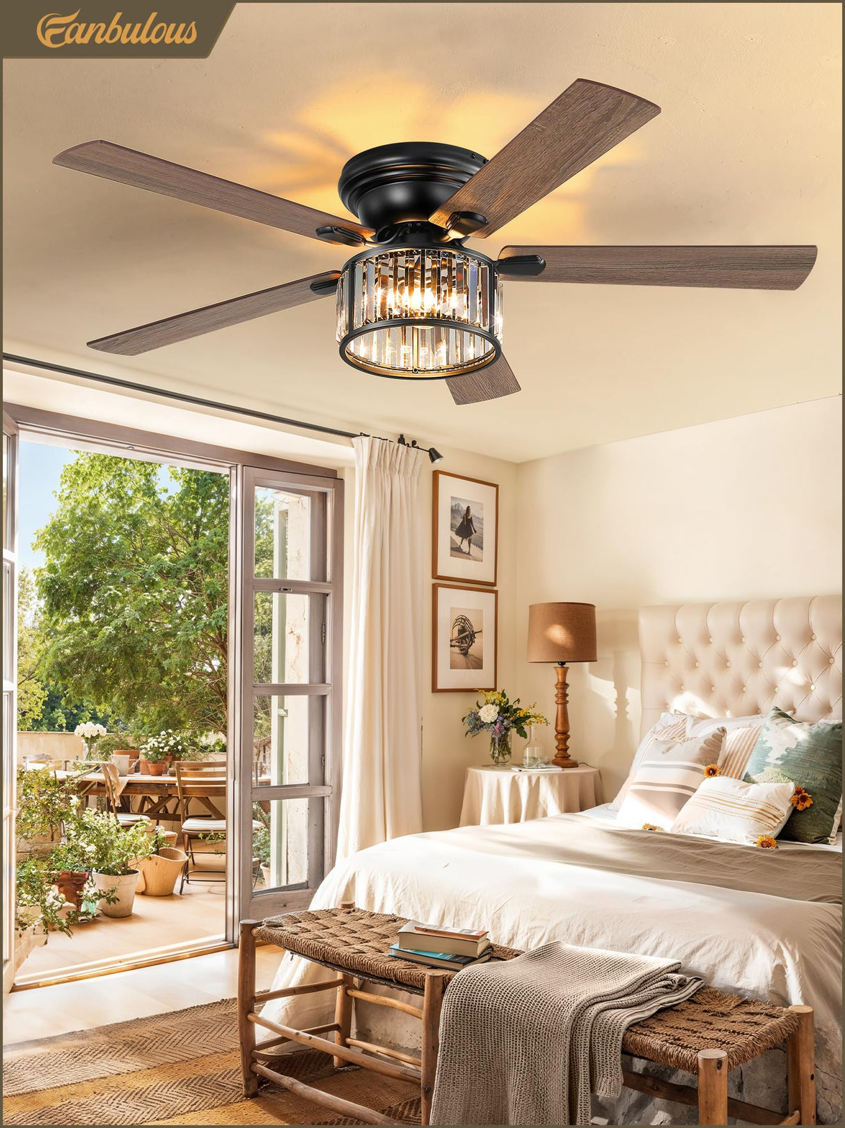 56 Inch Farmhouse Chandelier Ceiling Fan with Remote Control, Black Indoor Crystal Ceiling Fan with 6-Speeds, Quiet Reversible DC Motor, Flush Mount Ceiling Fan with Lights for Bedroom, Living Room Fanbulous