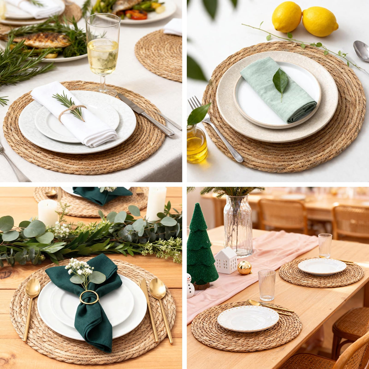 Cattail Woven Placemats Set of 6 and Storage Basket, 12 Inch Farmhouse Plate Chargers Set with Rattan Wicker Holder, Braided Straw Table Mats for Dining Table, Fall, Party, Thanksgiving, Christmas BSSN