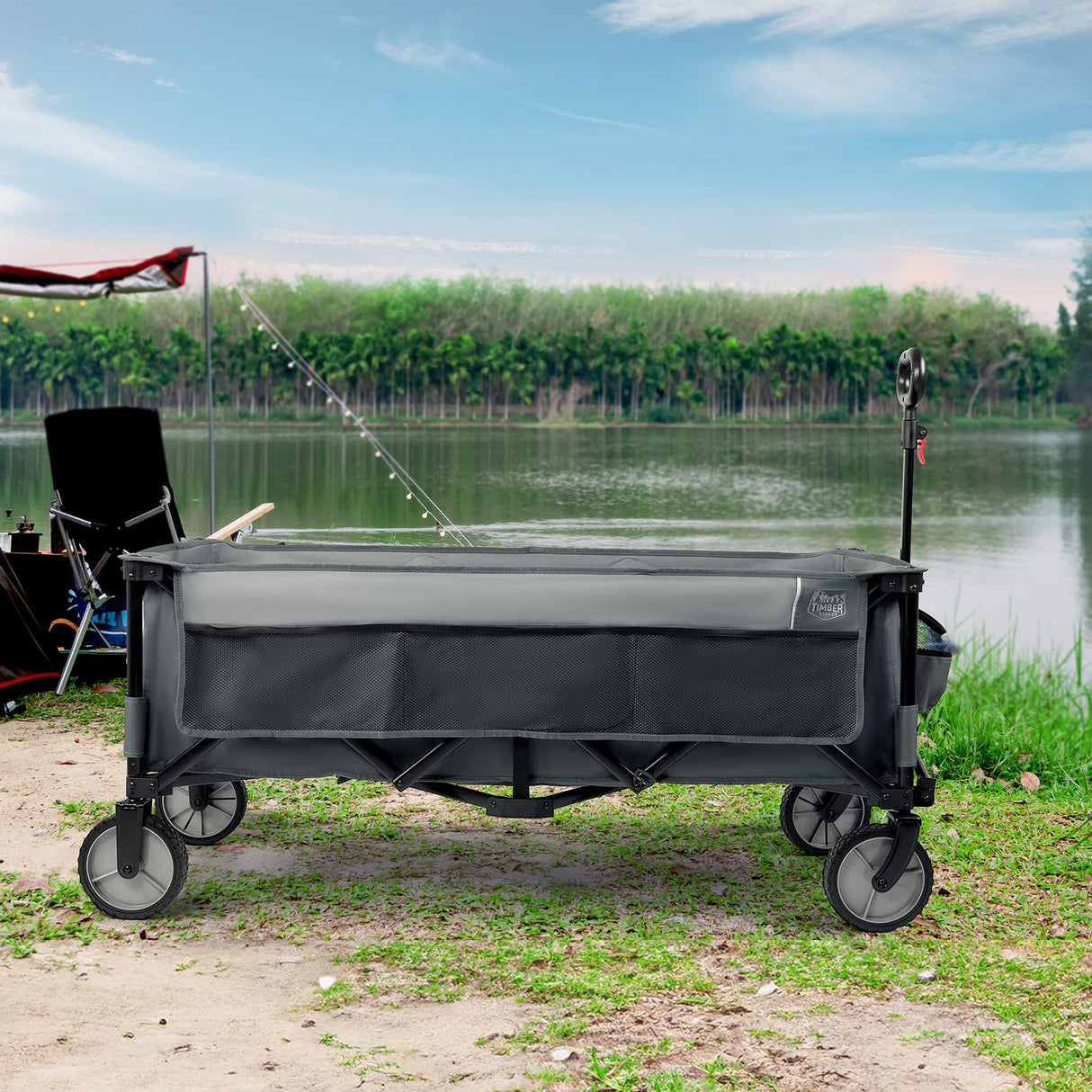TIMBER RIDGE 51.2'' Extended Collapsible Wagon Cart with Cargo Net, 350LBS Heavy Duty Foldable Utility Wagon with Adjustable Handle, 250L Capacity Portable Cart for Camping Sports Shopping, Grey TIMBER RIDGE