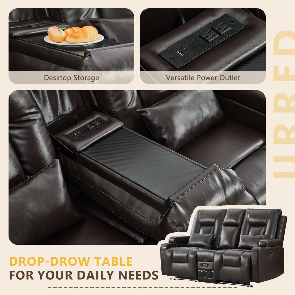 URRED Wall Hugger Loveseat Recliner Sofa with Flip Console, Power Reclining Loveseat RV Couch with LED Lights, Bluetooth, USB Ports, Outlets, Cup Holders, Side Pockets, Faux Leather, Dark Brown URRED