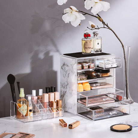 Sorbus Clear Cosmetic Makeup Organizer - Make Up & Jewelry Storage, Case & Display - Spacious Design - Great Holder for Dresser, Bathroom, Vanity & Countertop (4 Large, 2 Small Drawers - Marble Print) Sorbus