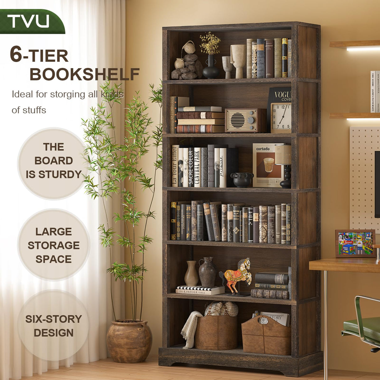 TVU 6-Tier Wooden Book Shelf, Floor-Standing Display Bookcase, 77.2" H x 31.5" W x 11" D Bookshelf, Farmhouse Style Book Case with Arched Base, Suitable for Living Room, Study, Office, Rustic Brown TVU