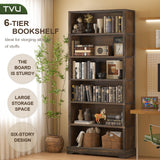 TVU 6-Tier Wooden Book Shelf, Floor-Standing Display Bookcase, 77.2" H x 31.5" W x 11" D Bookshelf, Farmhouse Style Book Case with Arched Base, Suitable for Living Room, Study, Office, Rustic Brown TVU
