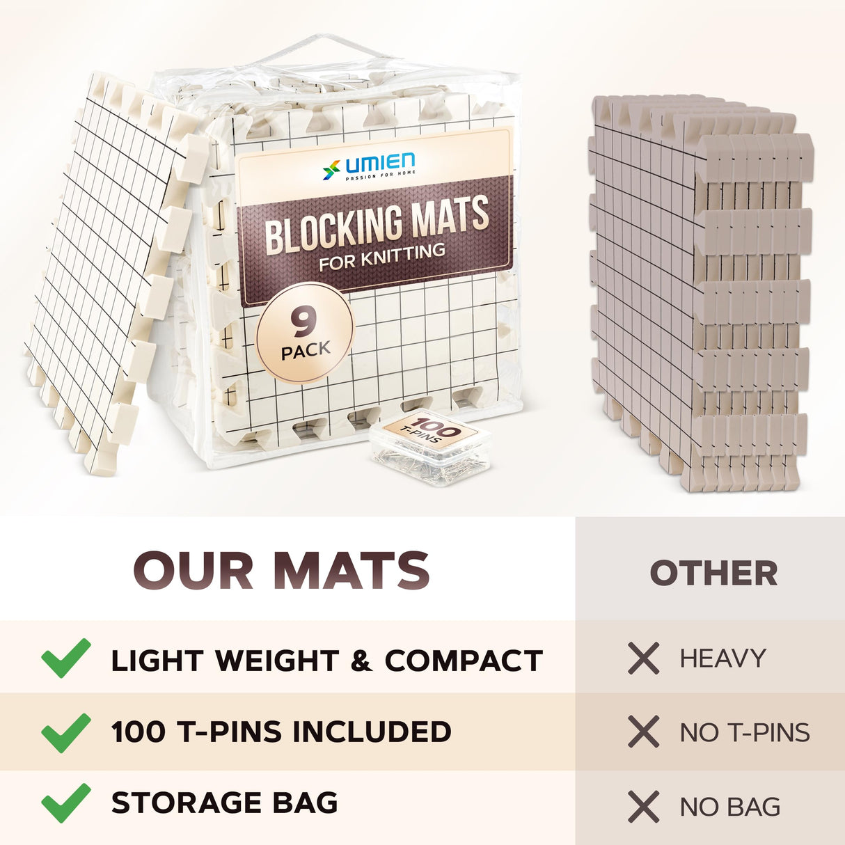 UMIEN™ Blocking Mats for Knitting (9-Pack) - Extra Thick Blocking Boards for Crochet Projects with Grids - Suitable for Needlepoint Or Crochet - Included 100 T-Pins & Storage Bag UMIEN