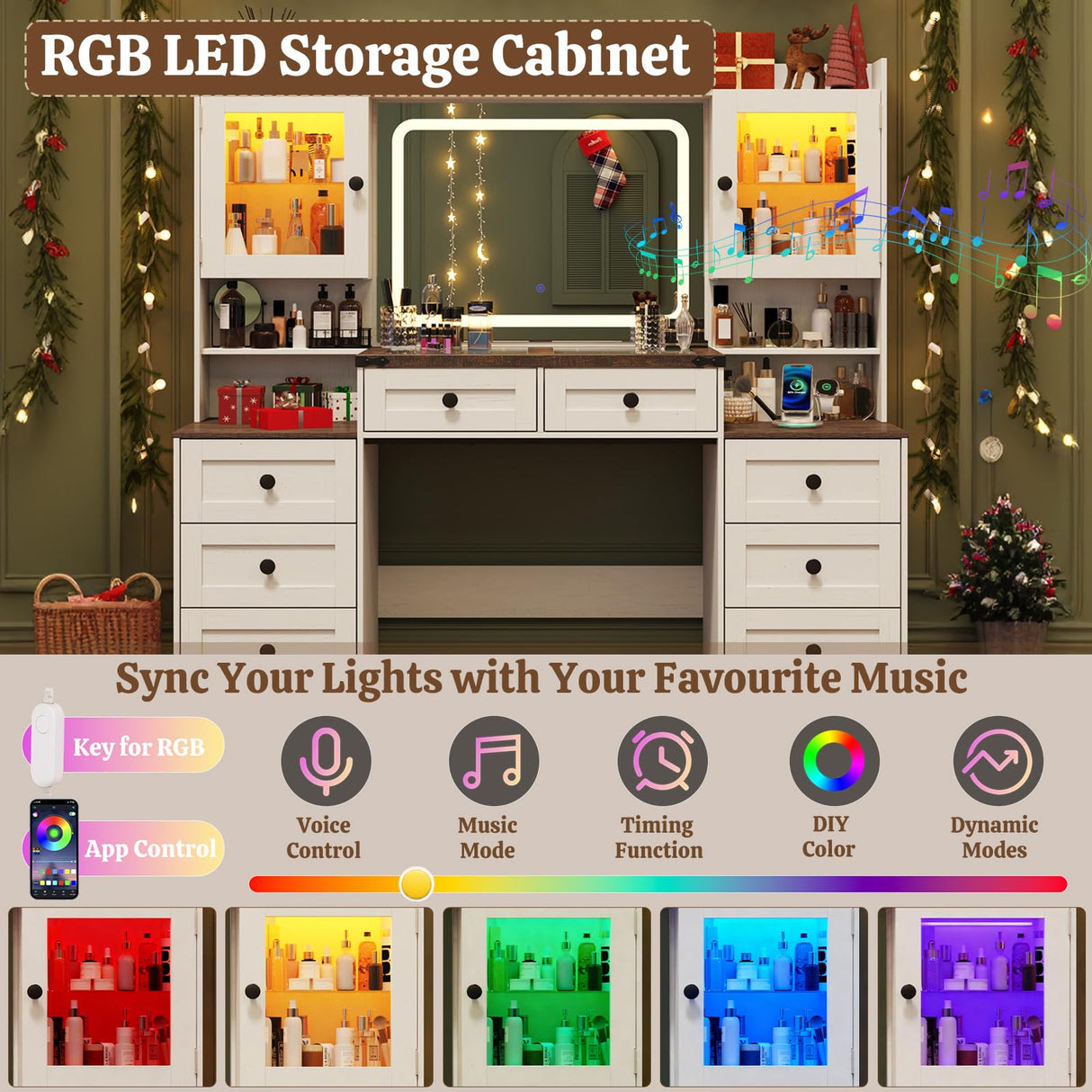 jiteentarou 60" Large Farmhouse Vanity Desk with LED Mirror, Lights and Charging Station, Glass Top Makeup Vanity Table w/8 Drawers, LED Glass Storage Cabinet, Dressing Table for Bedroom, Rustic White jiteentarou